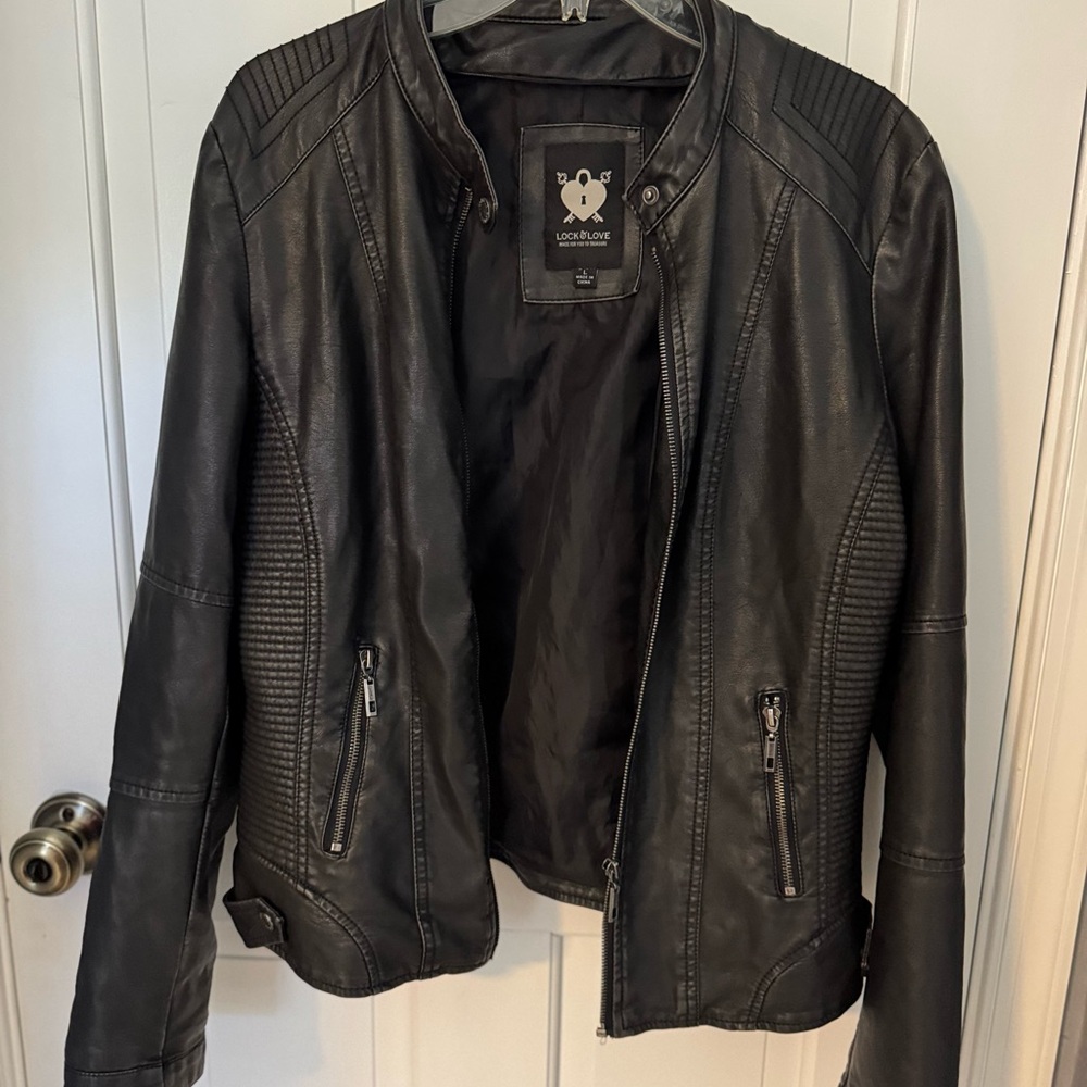 Lock & Love Black Vegan Leather Womens Moto Biker Jacket Sz L